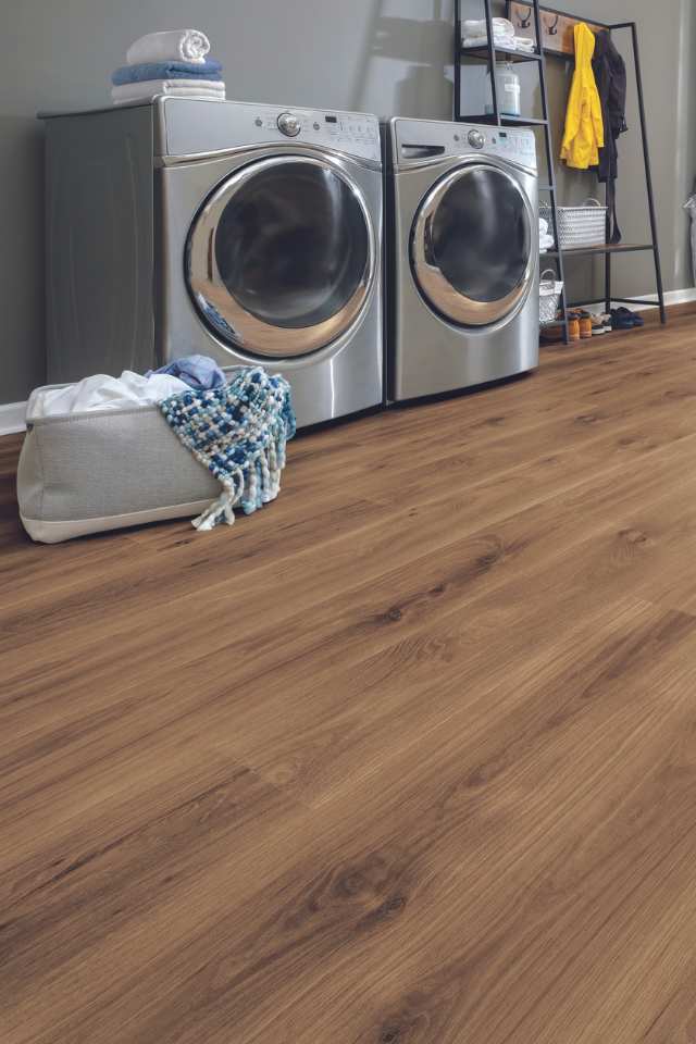 dark wood-look laminate in laundry room